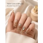 Nude Caramel Press‑On Nails, Luxury Long T‑Shape False Nails With Pearl‑Gold Bead Chain & Big Rhinestone